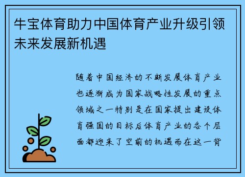 牛宝体育助力中国体育产业升级引领未来发展新机遇