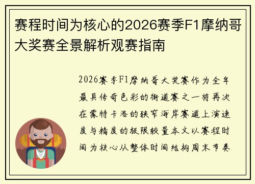 赛程时间为核心的2026赛季F1摩纳哥大奖赛全景解析观赛指南